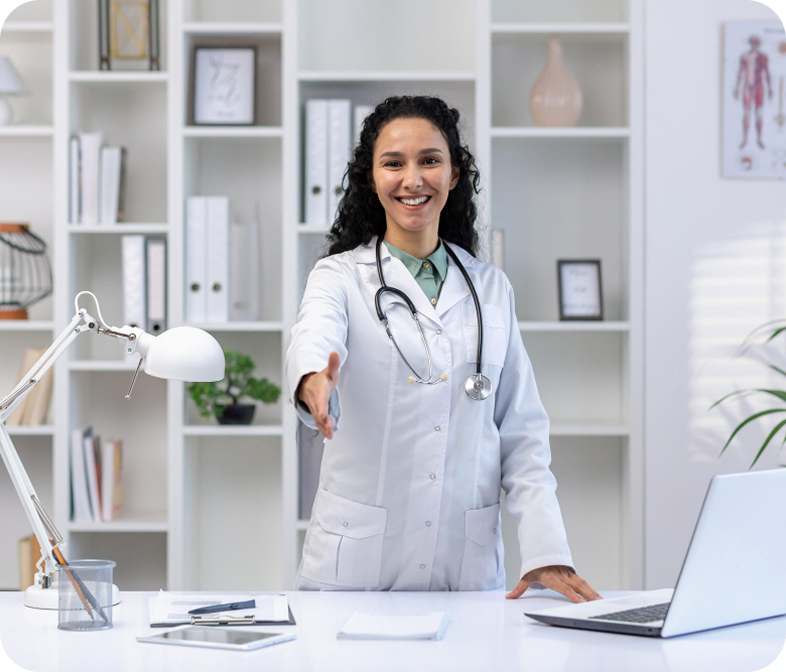 Healthcare professional greeting a patient in a clinical setting