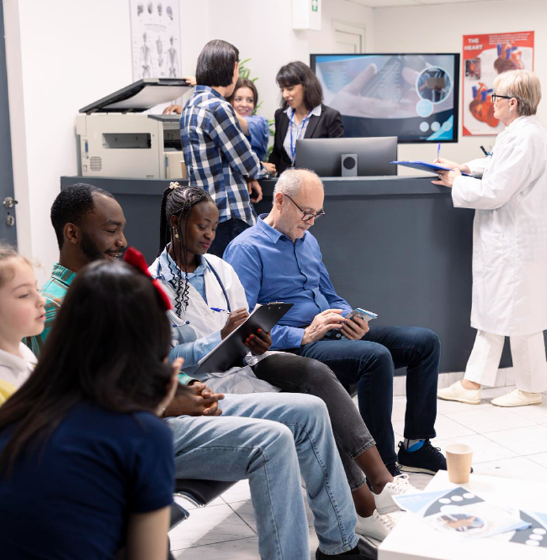 Patients waiting in a healthcare facility reception area